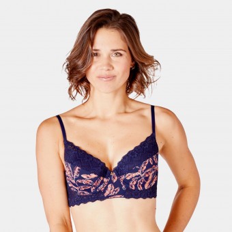 Soutien-gorge ampliforme coque moulée en dentelle française bleu navy